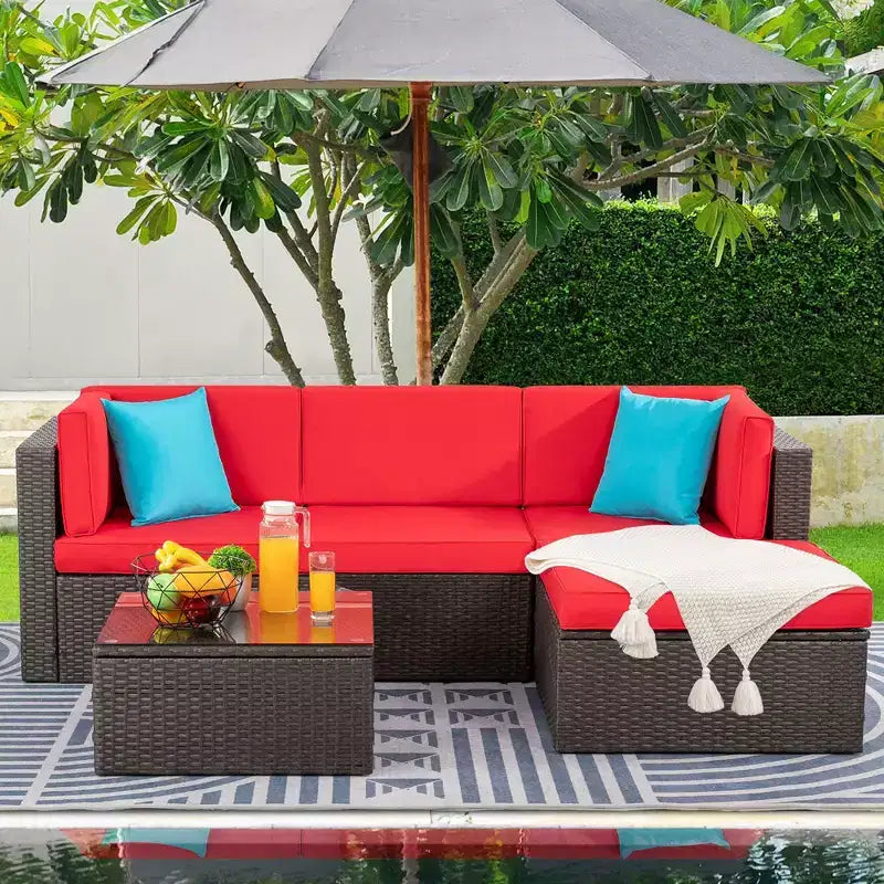 Salon de jardin 5 pièces Celebalcony, canapé et fauteuils en rotin synthétique tressé résistant aux intempéries avec coussins