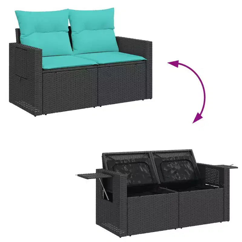 vidaXL Salon de jardin noir en résine tressée PE bleue, acier enduit de poudre, polyester