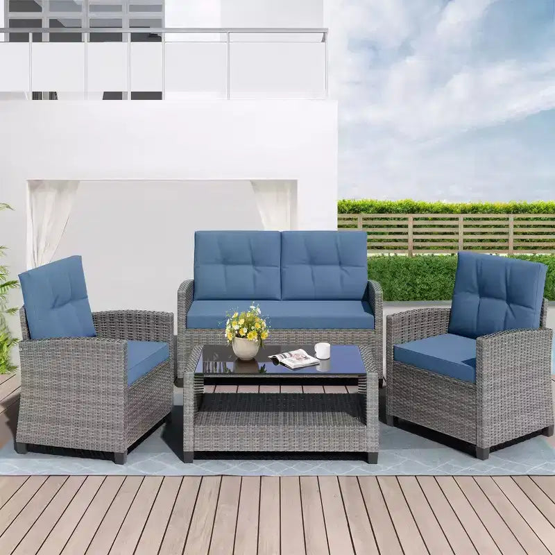 Ensemble complet de patio en osier 4 pièces Celebalcony avec coussins