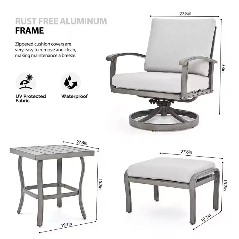HAPPATIO Ensemble de mobilier d'extérieur 5 pièces en aluminium, chaises de patio avec poufs et table d'appoint, salon de jardin pour véranda (Gris)