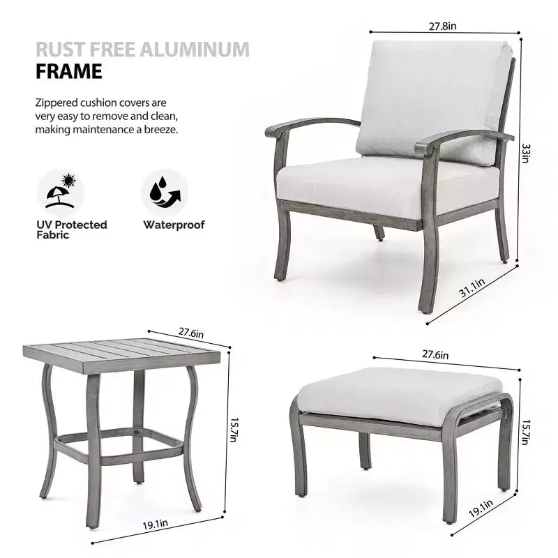 HAPPATIO Ensemble de mobilier d'extérieur 5 pièces en aluminium, chaises de patio avec poufs et table d'appoint, salon de jardin pour véranda (Gris)