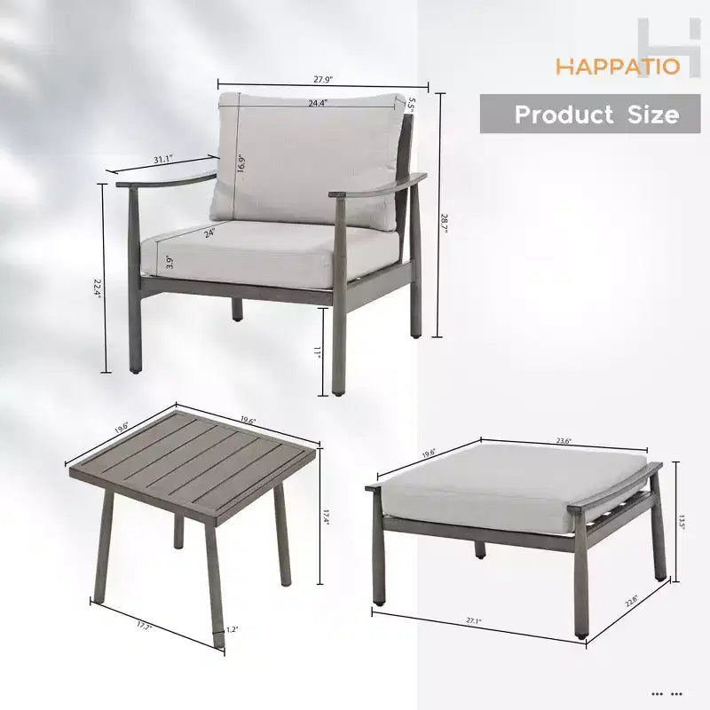 Ensemble de mobilier d'extérieur en aluminium HAPPATIO, 5 pièces, 1 table d'appoint, 2 fauteuils et 2 poufs avec coussins pour jardin, terrasse, piscine