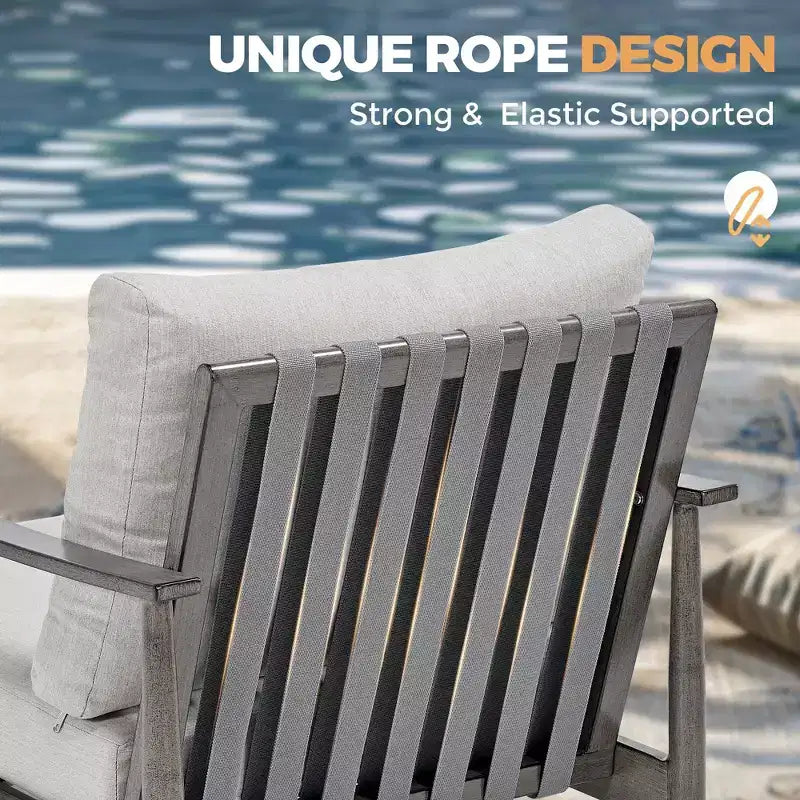 Ensemble de mobilier d'extérieur en aluminium HAPPATIO, 5 pièces, 1 table d'appoint, 2 fauteuils et 2 poufs avec coussins pour jardin, terrasse, piscine