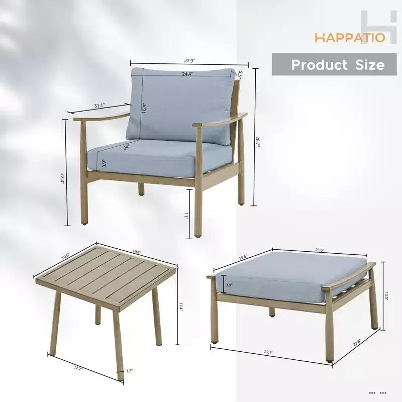 Ensemble de mobilier d'extérieur en aluminium HAPPATIO, 5 pièces, 1 table d'appoint, 2 fauteuils et 2 poufs avec coussins pour jardin, terrasse, piscine