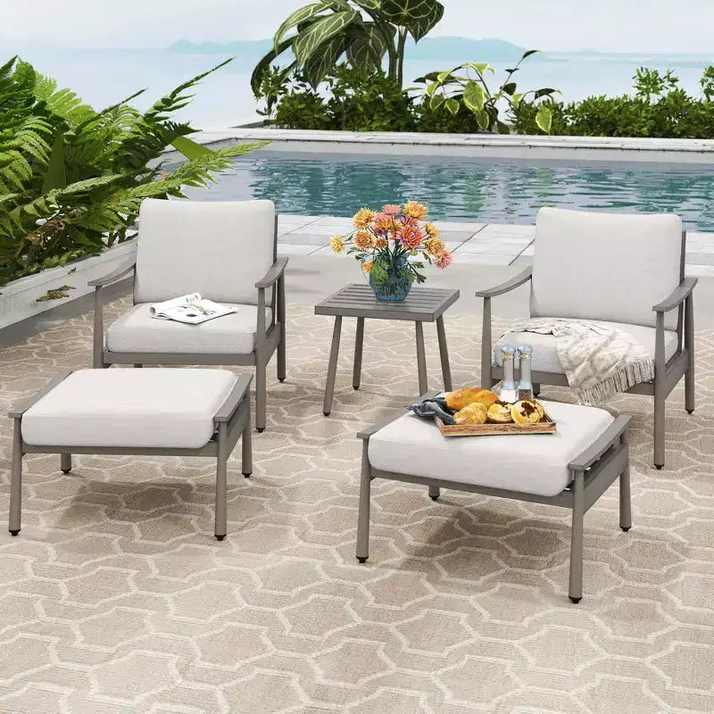 Ensemble de mobilier d'extérieur en aluminium HAPPATIO, 5 pièces, 1 table d'appoint, 2 fauteuils et 2 poufs avec coussins pour jardin, terrasse, piscine