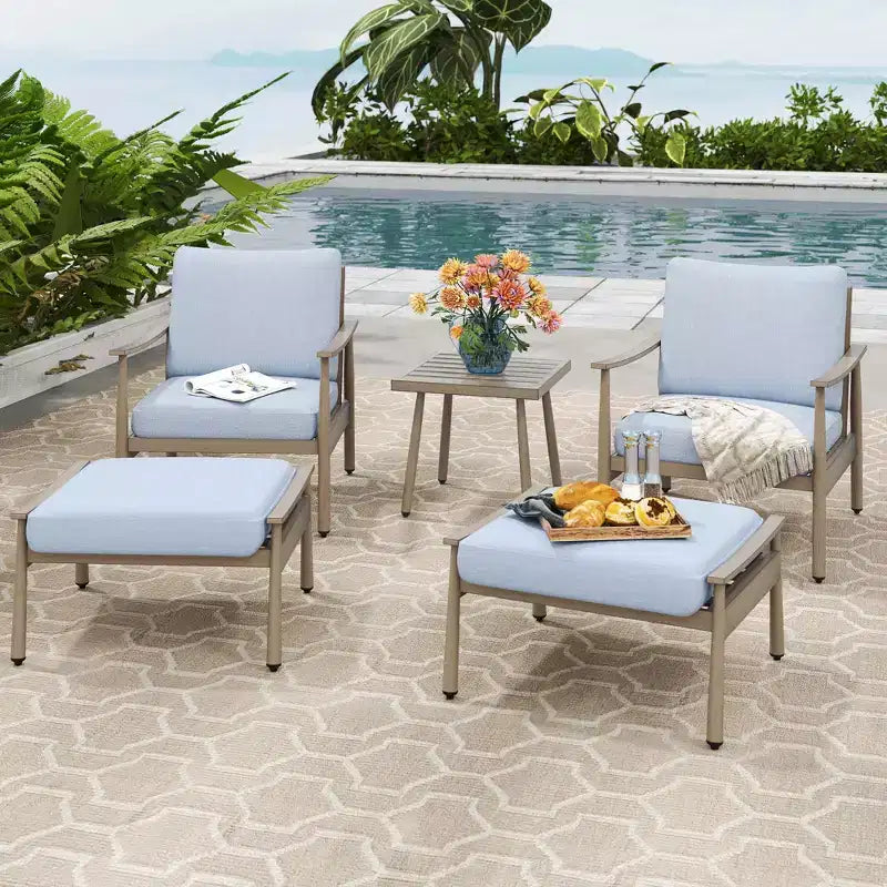 Ensemble de mobilier d'extérieur en aluminium HAPPATIO, 5 pièces, 1 table d'appoint, 2 fauteuils et 2 poufs avec coussins pour jardin, terrasse, piscine