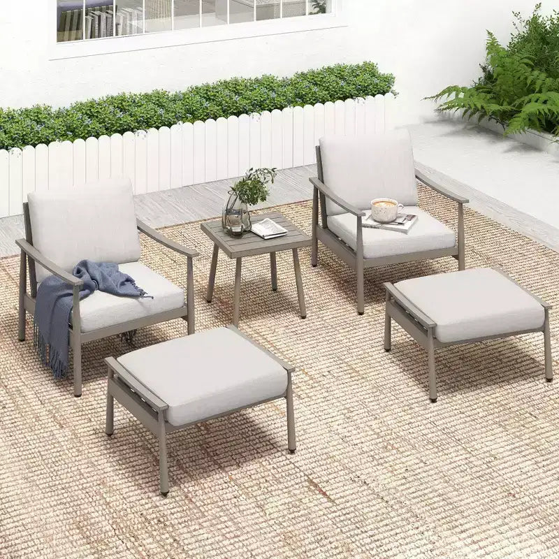 Ensemble de mobilier d'extérieur en aluminium HAPPATIO, 5 pièces, 1 table d'appoint, 2 fauteuils et 2 poufs avec coussins pour jardin, terrasse, piscine