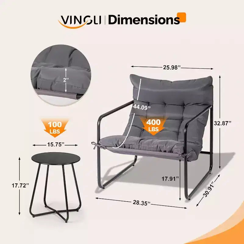 VINGLI Ensemble de 3 Chaises de Patio avec Table d'appoint, Chaises d'extérieur/d'intérieur avec Coussins épais, Capacité de 180 kg, Gris