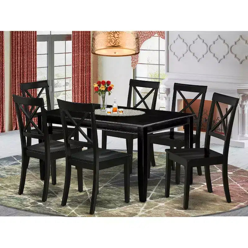 Ensemble de salle à manger méditerranéen 7 pièces - Table et 6 chaises - 36x60 pouces - Finition noire - HomeStock