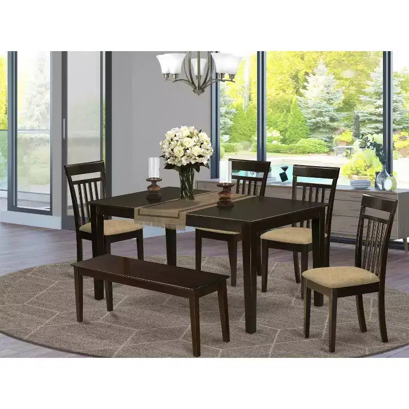 Ensemble de salle à manger vintage - Table et chaises 6 pièces - Banc en tissu lin - Cappuccino 36x60 pouces