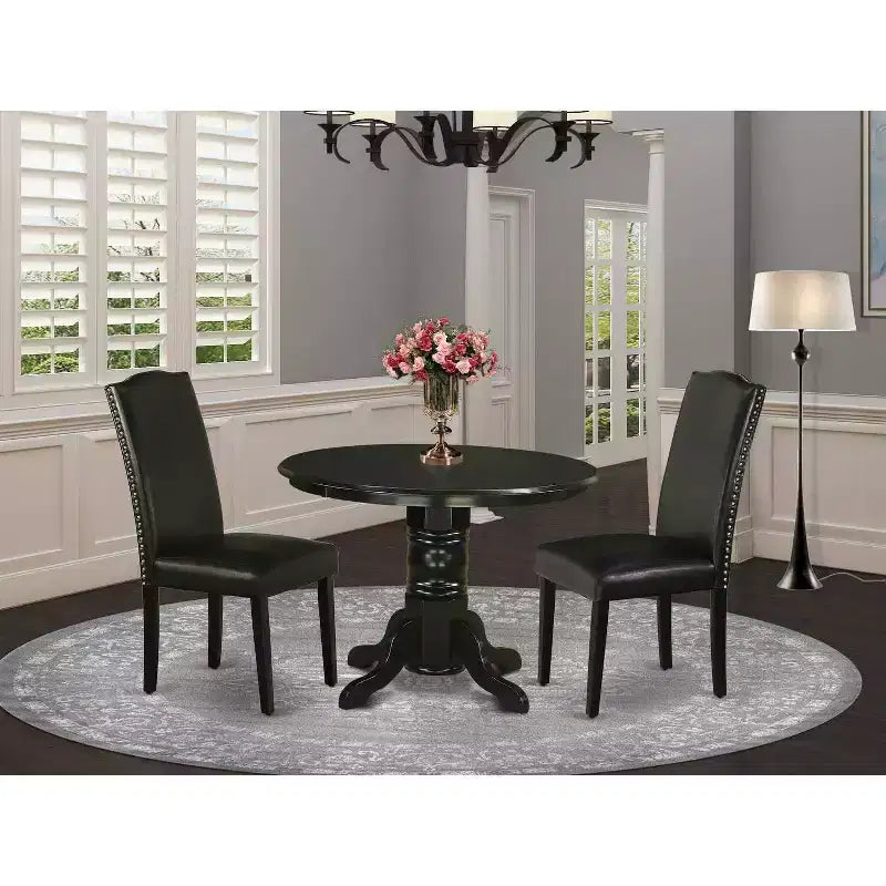 Ensemble de salle à manger 3 pièces Table ronde et 2 chaises Parsons - Similicuir noir - Table de 42