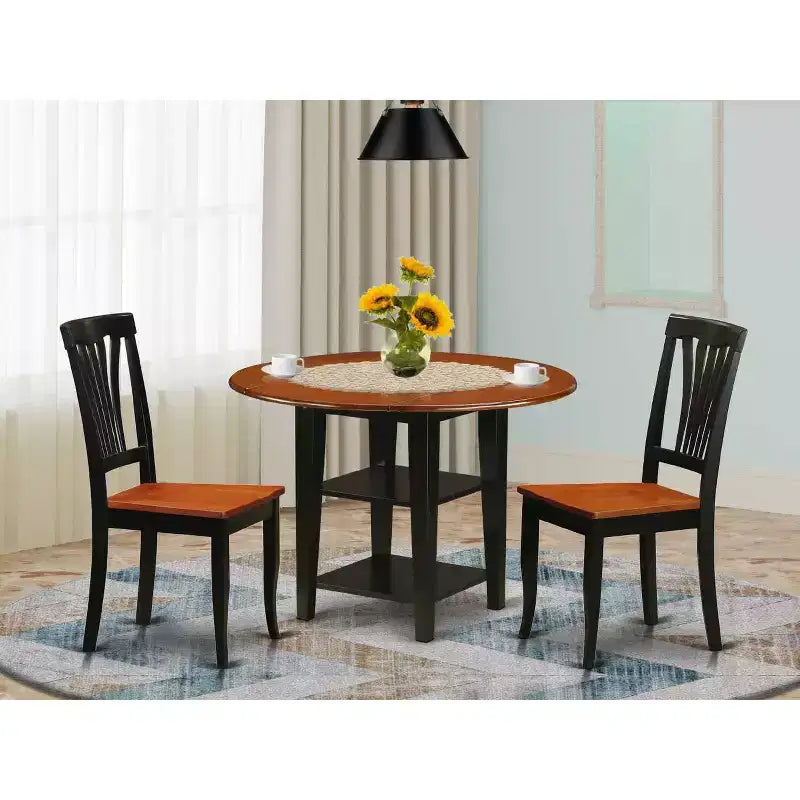 Ensemble de dinette vintage 3 pièces - Table ronde et 2 chaises - Fini noir cerise - Cuisine salle à manger