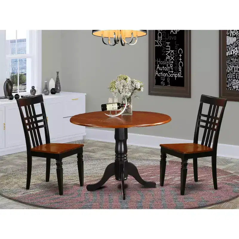 Ensemble table à manger ronde - Table de cuisine 3 pièces avec chaises, 107 cm, finition cerise noire