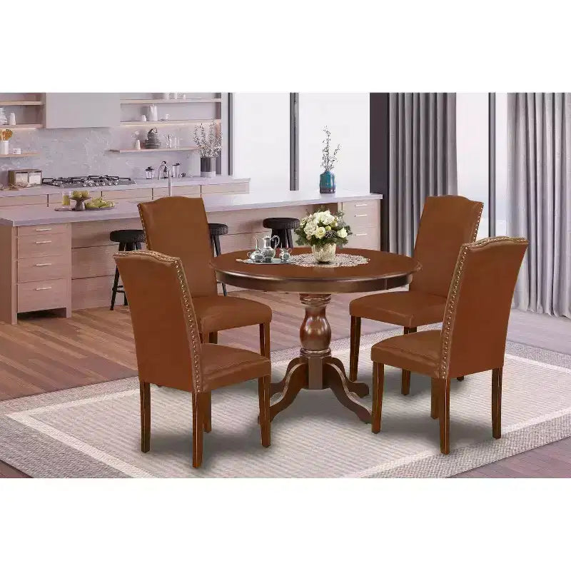 Ensemble de salle à manger 5 pièces avec table ronde en bois massif finition acajou et 4 chaises Parson avec