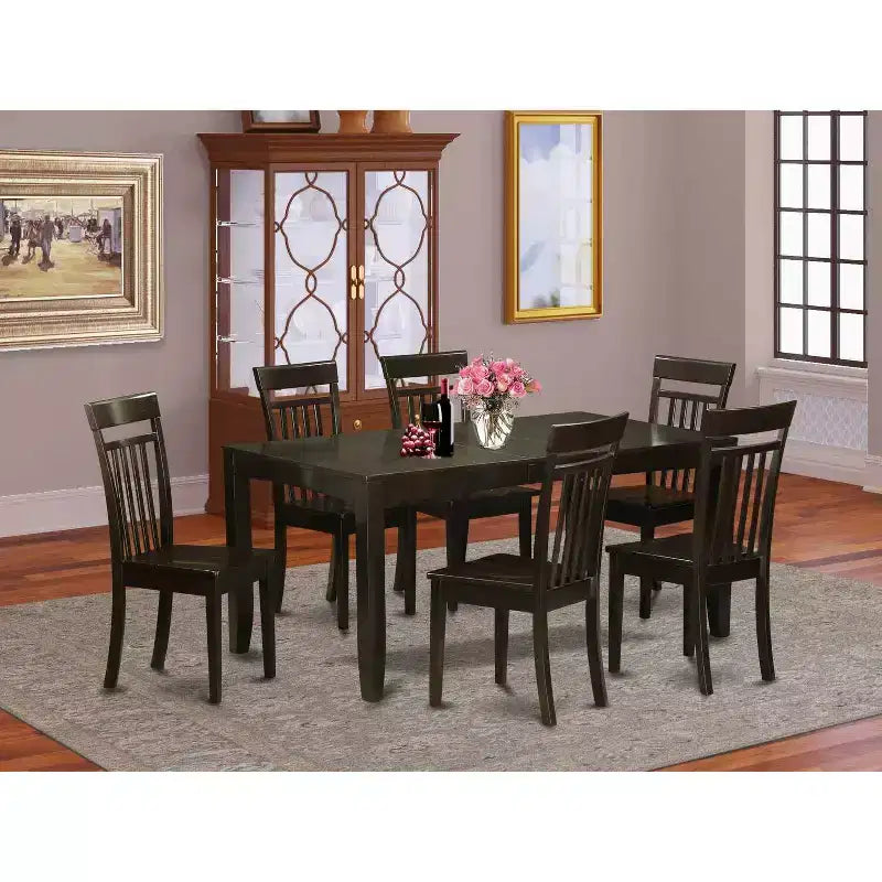 Salle à manger vintage – Ensemble de 7 pièces (table et chaises) – Table rectangulaire avec rallonge papillon – Finition cappuccino