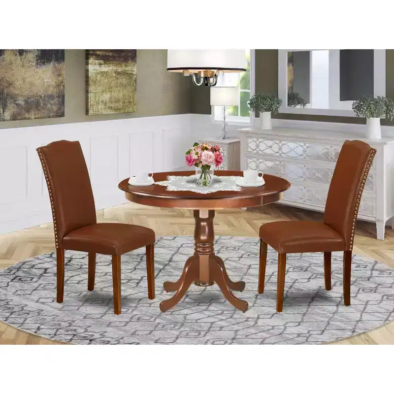Ensemble de salle à manger table ronde 3 pièces 42 po avec 2 chaises Parsons - Similicuir brun