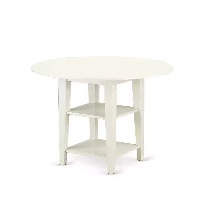 Ensemble de salle à manger 3 pièces HomeStock avec plateau rond en bois massif finition lin blanc et rallonges à rabat