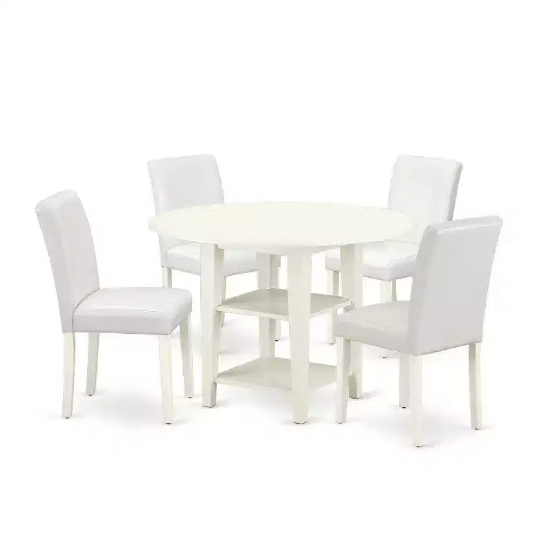 HomeStock 5-Pc Linen White Finish Solid Wood Top-Round Dining Room Set with Dropleaf-Seats 4