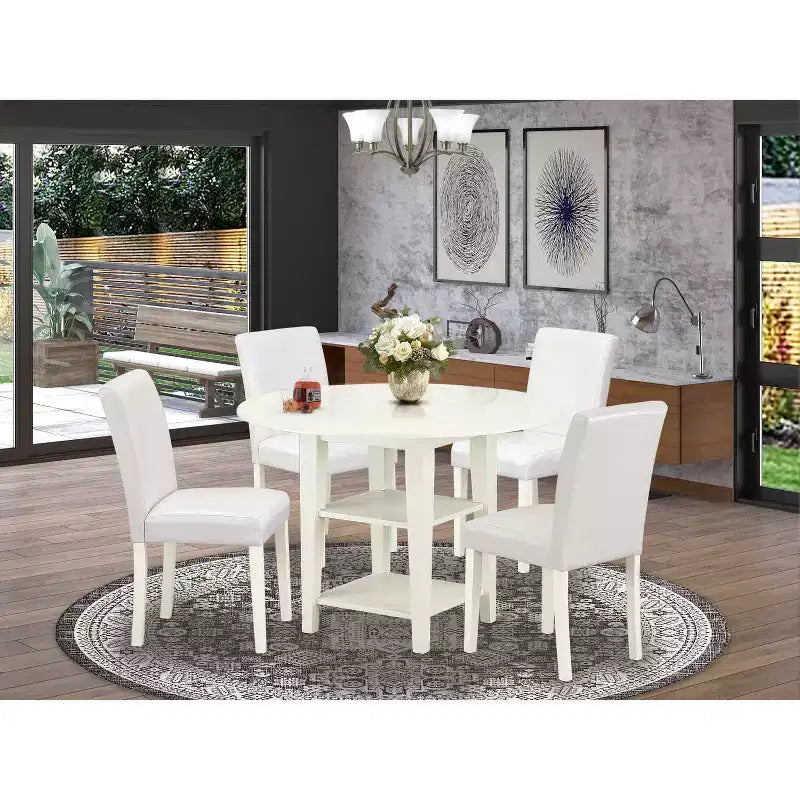 Ensemble de salle à manger HomeStock 5 pièces en bois massif finition blanc lin avec plateau rond et rallonges – 4 places