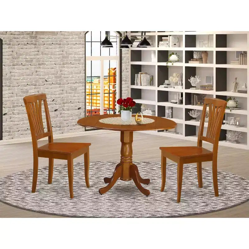 Ensemble table de salle à manger avec 2 chaises, table de cuisine ronde à abattants, bois d'hévéa massif, finition marron selle, 107x107 cm