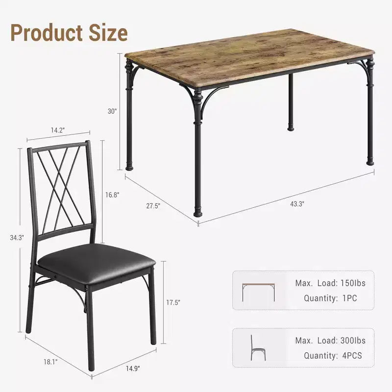 Ensemble table de salle à manger 4 places, table à manger rectangulaire moderne d'intérieur en métal et bois, pour cuisine, salle à manger, coin repas, coin petit-déjeuner