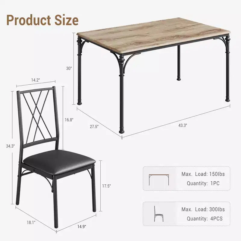Ensemble table de salle à manger 4 places, table à manger rectangulaire moderne d'intérieur en métal et bois, pour cuisine, salle à manger, coin repas, coin petit-déjeuner