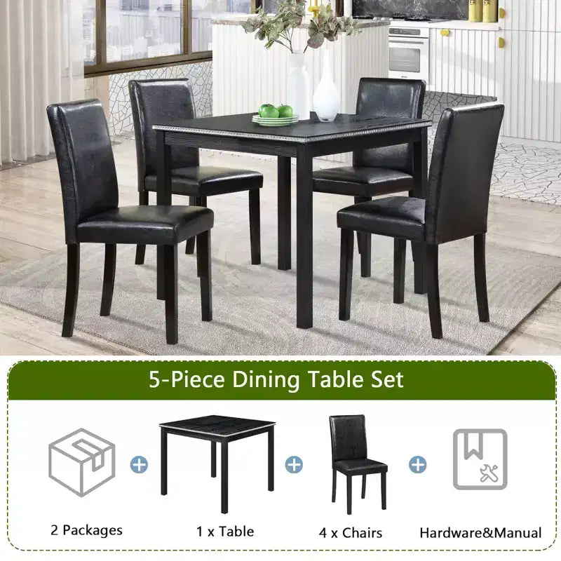 CLIHOME Ensemble de salle à manger 5 pièces en bois, ensemble de table de décoration de cuisine en cristal avec table carrée et 4 chaises rembourrées