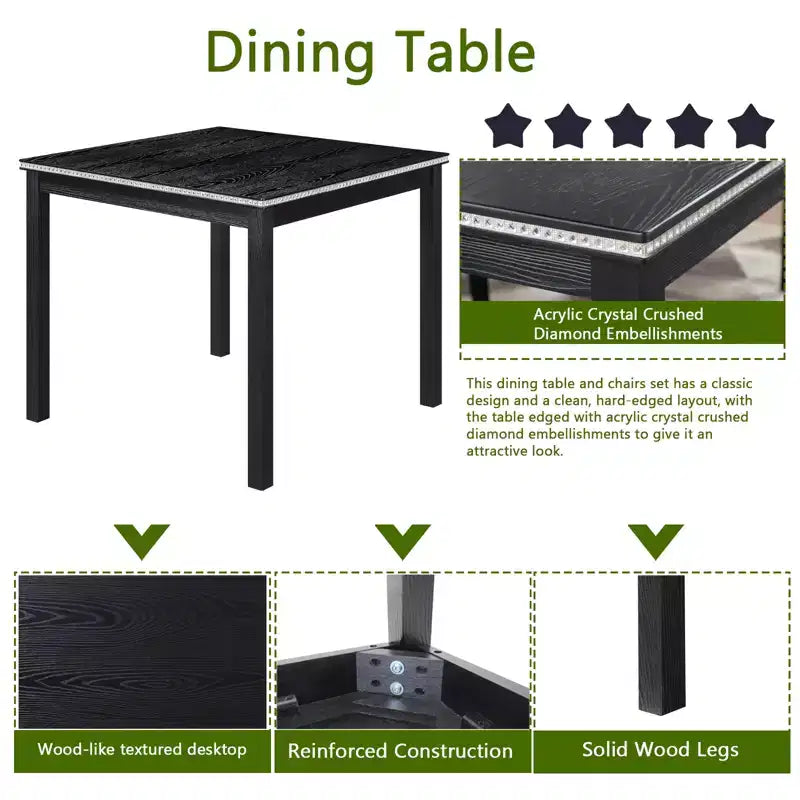 CLIHOME Ensemble de salle à manger 5 pièces en bois, ensemble de table de décoration de cuisine en cristal avec table carrée et 4 chaises rembourrées
