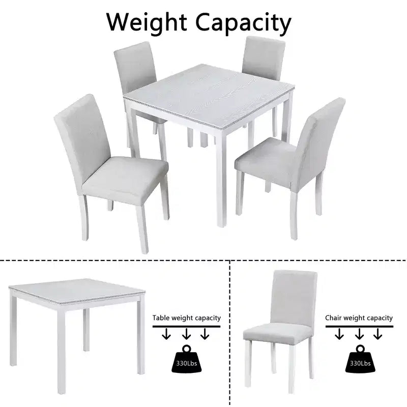 CLIHOME Ensemble de salle à manger 5 pièces en bois, ensemble de table de décoration de cuisine en cristal avec table carrée et 4 chaises rembourrées