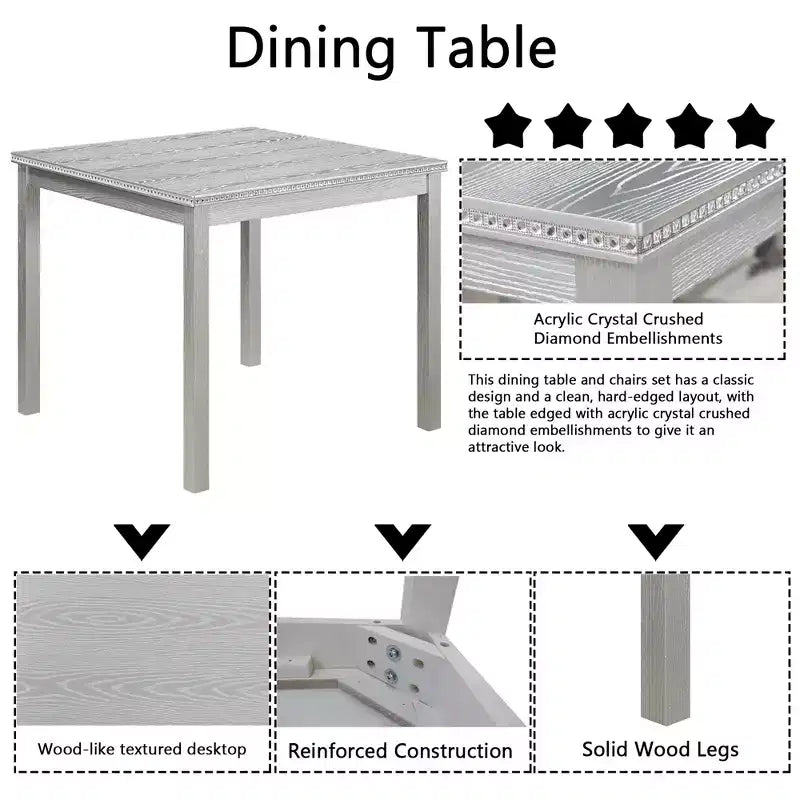 CLIHOME Ensemble de salle à manger 5 pièces en bois, ensemble de table de décoration de cuisine en cristal avec table carrée et 4 chaises rembourrées
