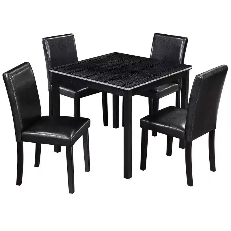 CLIHOME Ensemble de salle à manger 5 pièces en bois, ensemble de table de décoration de cuisine en cristal avec table carrée et 4 chaises rembourrées