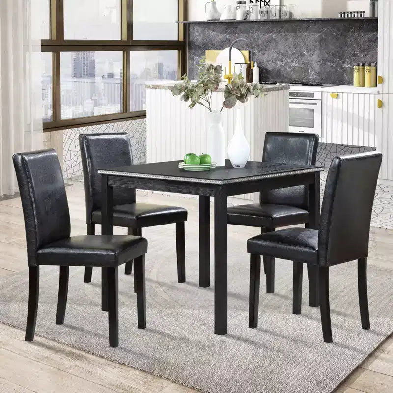 CLIHOME Ensemble de salle à manger 5 pièces en bois, ensemble de table de décoration de cuisine en cristal avec table carrée et 4 chaises rembourrées