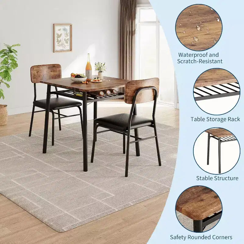 Ensemble de salle à manger 3 pièces pour 2, cuisine en bois, petite table de cuisine, chaises rembourrées et structure en métal, pour petit espace, appartement