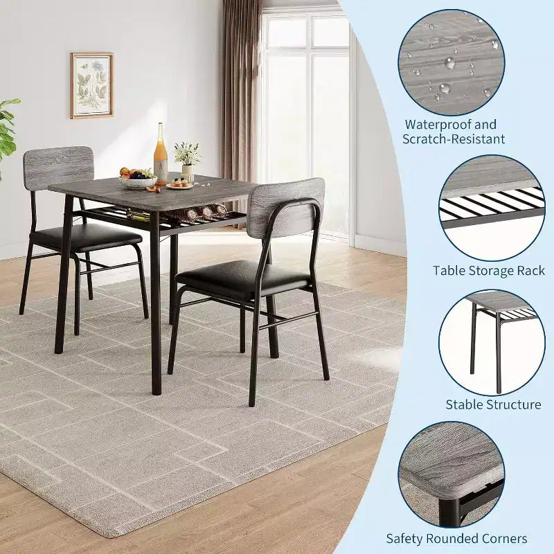 Ensemble de salle à manger 3 pièces pour 2, cuisine en bois, petite table de cuisine, chaises rembourrées et structure en métal, pour petit espace, appartement