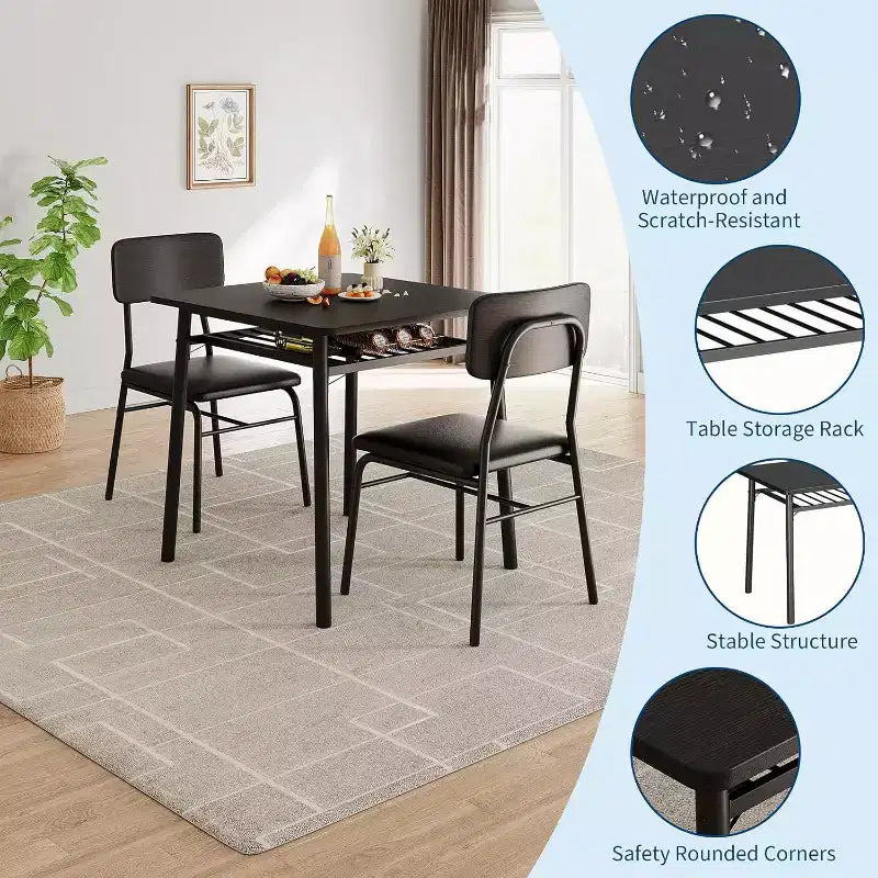 Ensemble de salle à manger 3 pièces pour 2, cuisine en bois, petite table de cuisine, chaises rembourrées et structure en métal, pour petit espace, appartement