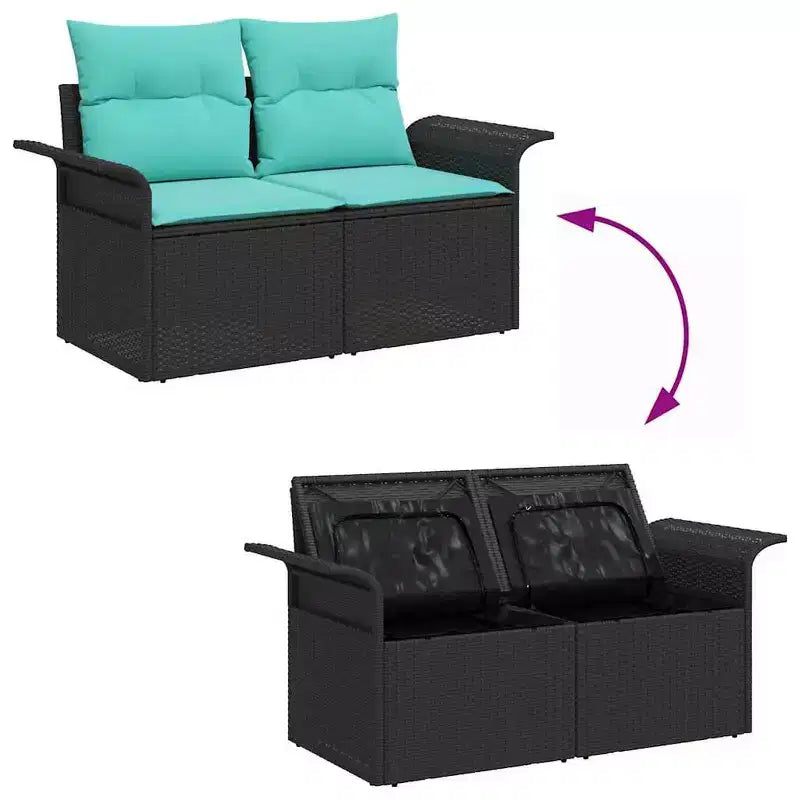 vidaXL Salon de jardin avec coussins 6 pcs Résine tressée Noir - Noir et Turquoise sans table