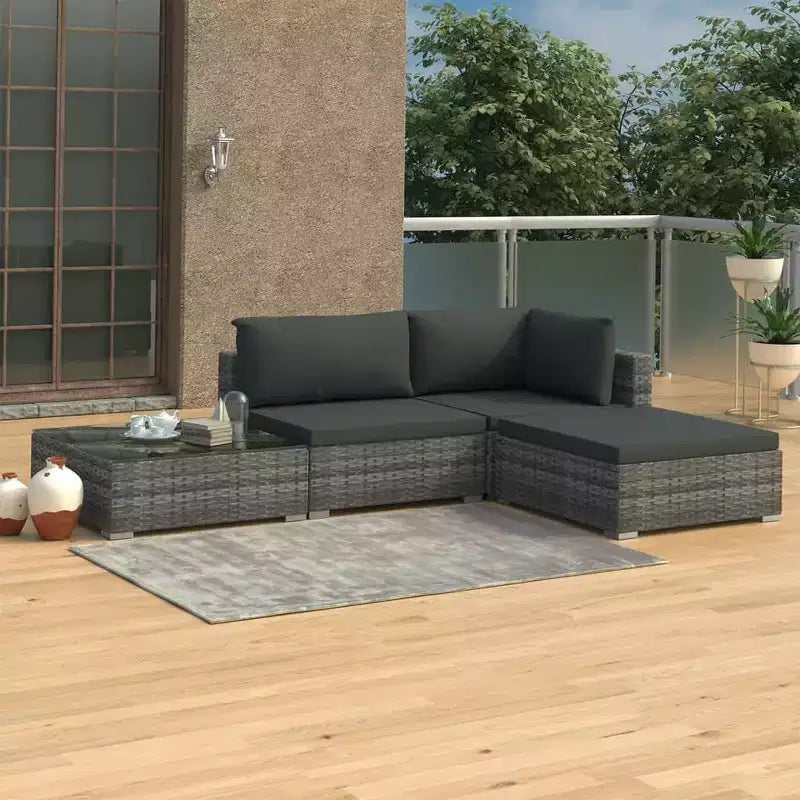vidaXL Salon de jardin 4 pièces avec canapé modulable et table en résine tressée - Gris