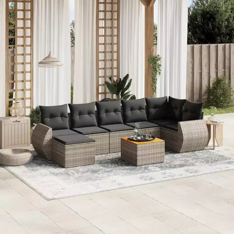vidaXL Salon de jardin 8 pièces avec coussins en résine tressée, canapé d'angle modulable, table incluse