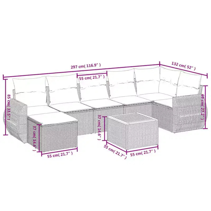 vidaXL Salon de jardin 8 pièces avec coussins en résine tressée, canapé d'angle modulable, table incluse