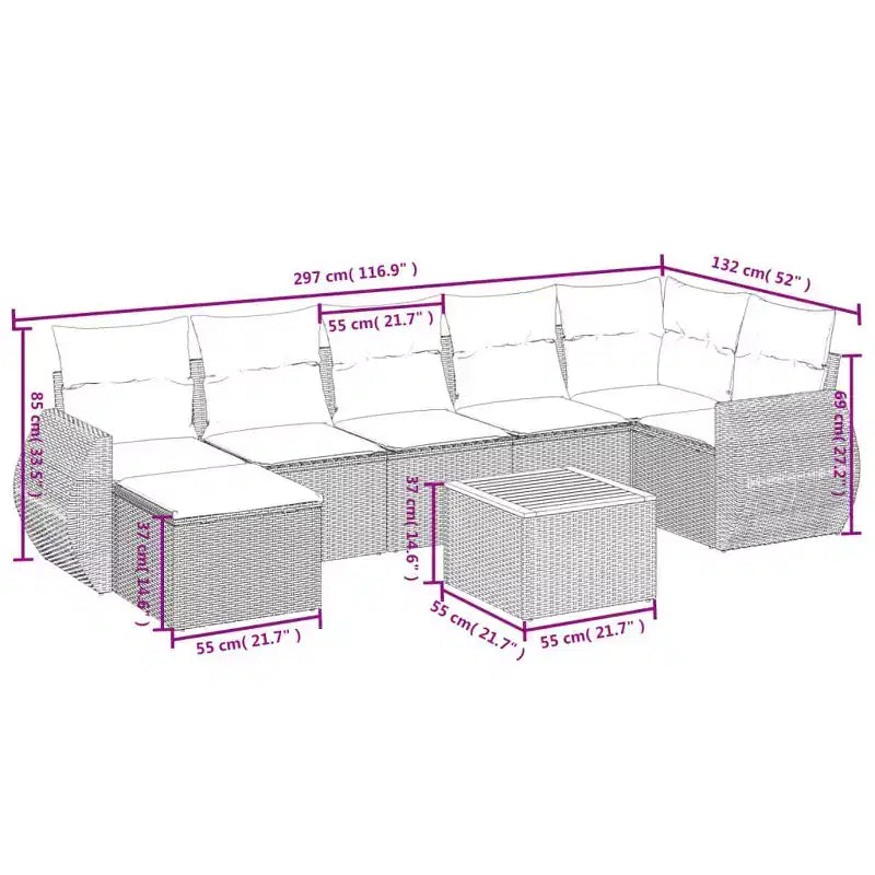 vidaXL Salon de jardin 8 pièces avec coussins en résine tressée, canapé d'angle modulable, table incluse