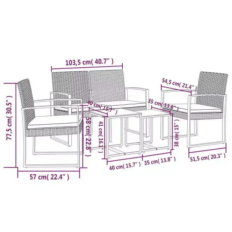vidaXL Salon de jardin 5 pièces avec table et chaises d'extérieur en rotin PP avec coussins