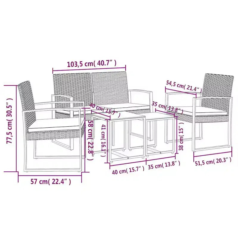 vidaXL Salon de jardin 5 pièces avec table et chaises d'extérieur en rotin PP avec coussins