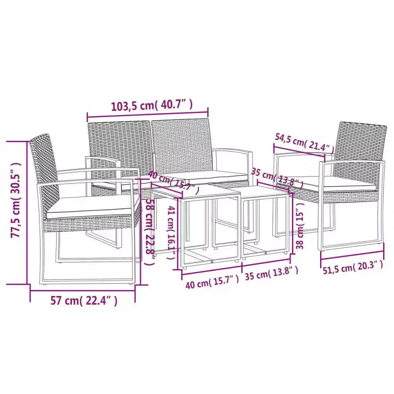vidaXL Salon de jardin 5 pièces avec table et chaises d'extérieur en rotin PP avec coussins