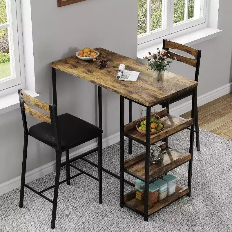 Ensemble de table de cuisine Acekool 3 pièces avec étagères de rangement et 2 chaises rembourrées, table à manger peu encombrante pour petits espaces