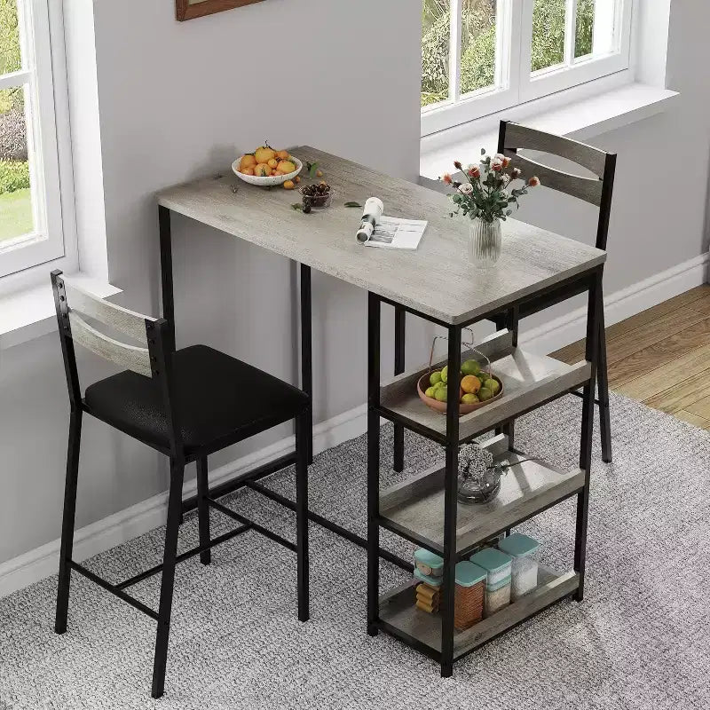Ensemble de table de cuisine Acekool 3 pièces avec étagères de rangement et 2 chaises rembourrées, table à manger peu encombrante pour petits espaces