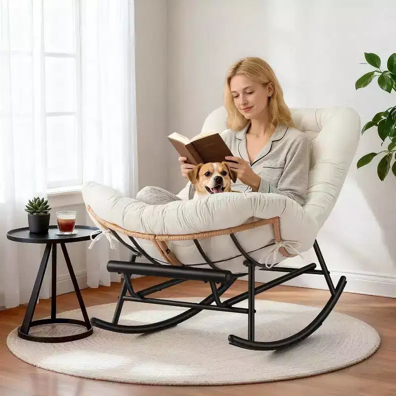 COZONY 2 Piece Papasan Rocking Chair Set, Oversized with Foot Rest Thick Removable Cushion Metal Frame PE Rattan for Patio Porch Garden Living Room