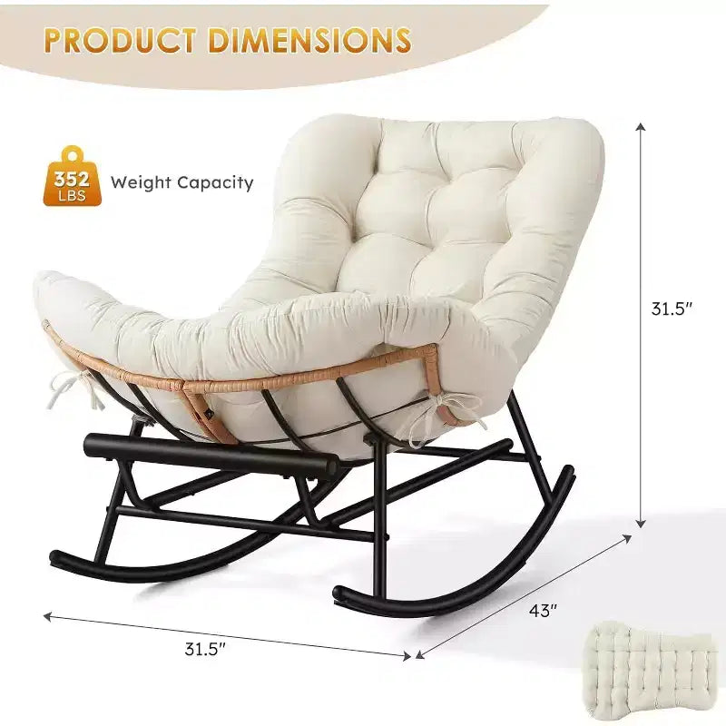 Ensemble de 2 chaises berçantes Papasan COZONY, grand format avec repose-pieds, coussin épais amovible, cadre en métal, rotin PE pour terrasse, porche, jardin, salon