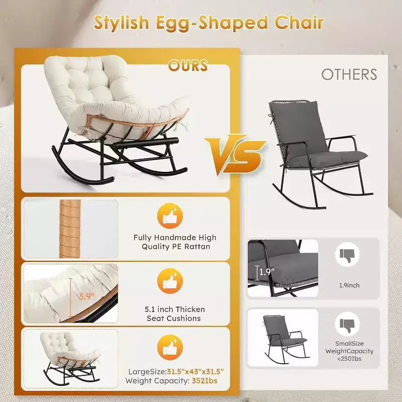 Ensemble de 2 chaises berçantes Papasan COZONY, grand format avec repose-pieds, coussin épais amovible, cadre en métal, rotin PE pour terrasse, porche, jardin, salon