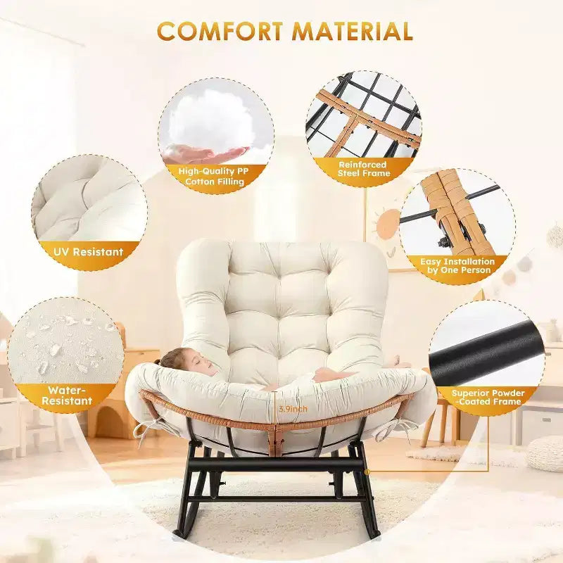 Ensemble de 2 chaises berçantes Papasan COZONY, grand format avec repose-pieds, coussin épais amovible, cadre en métal, rotin PE pour terrasse, porche, jardin, salon