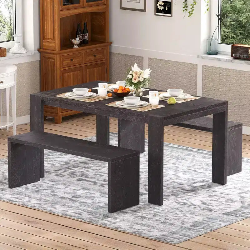 Clihome 3-piece Farmhouse Style Simple Dining Set, Dining Table and 2 Benches, for Dining Room, Kitchen and Living Room